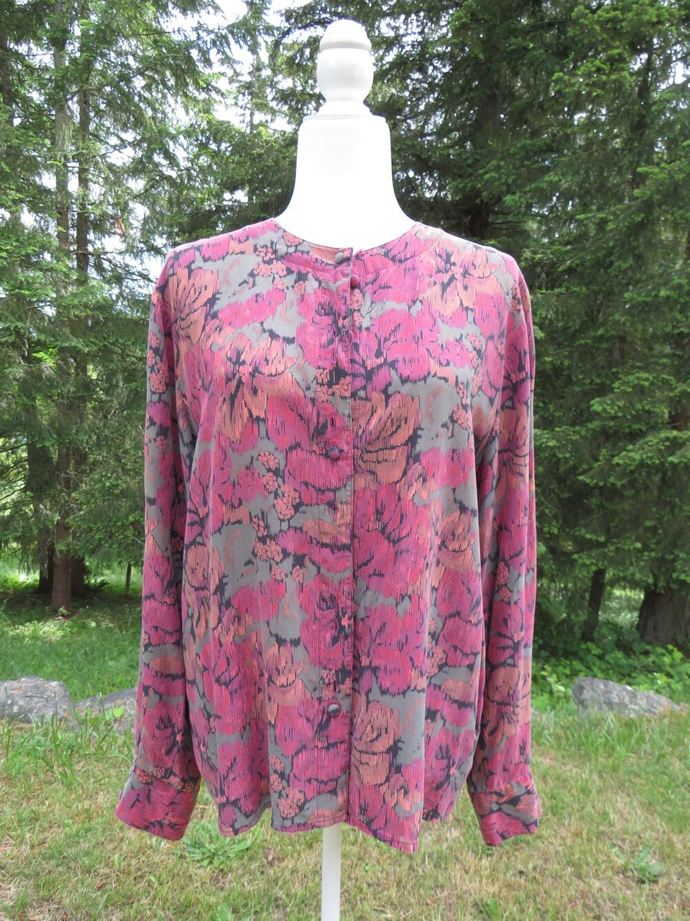 100% Silk VTG TESS Women's 14 Blouse Button Up Floral Long Sleeve Fall Autumn
